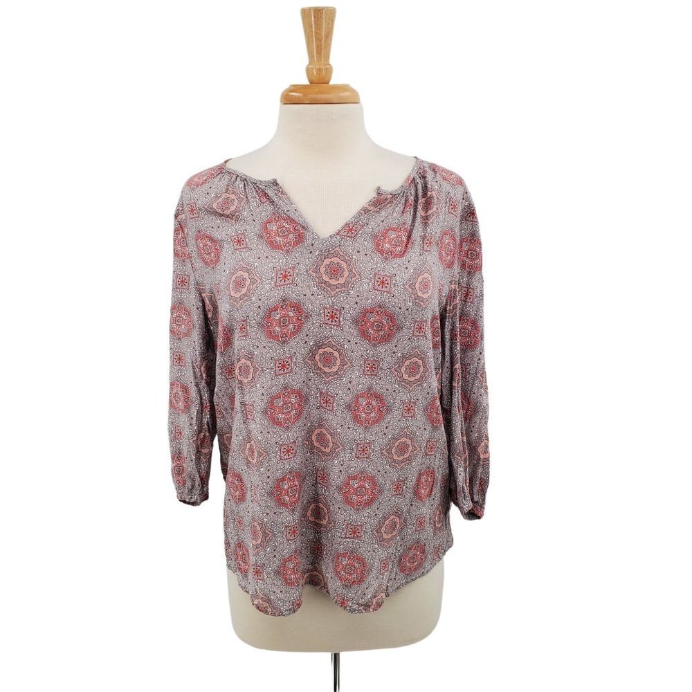 Anne Carson Womens 3/4 Sleeve Floral Blouse Top Size L High-Low V-Neck‎ Casual